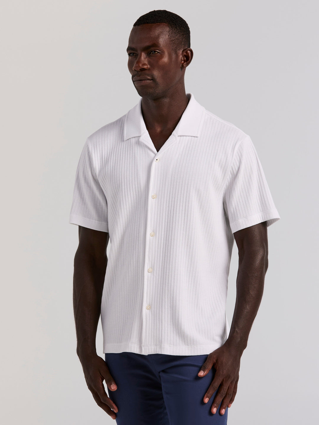 Cotton Vertical Stripe Jacquard Button Front Polo (Bright White) 