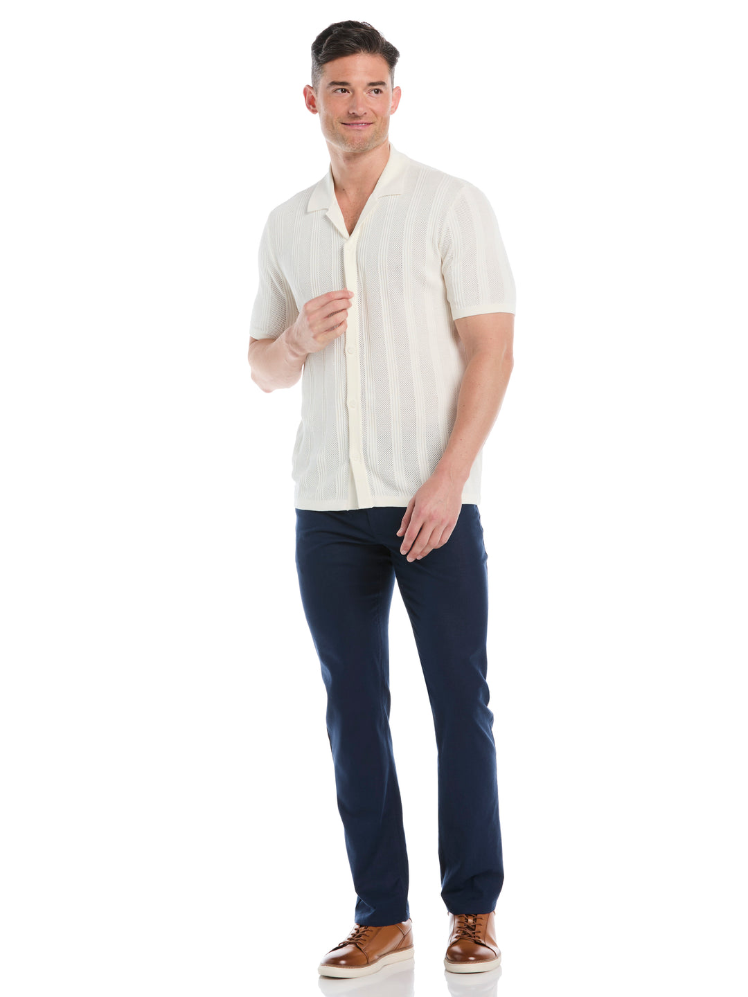 Mesh Stripe Short Sleeve Sweater (Egret) 