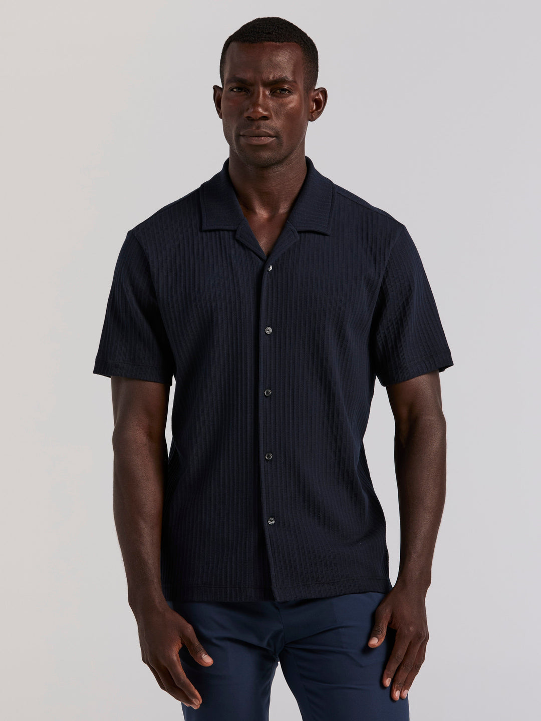Cotton Vertical Stripe Jacquard Button Front Polo (Dark Sapphire) 