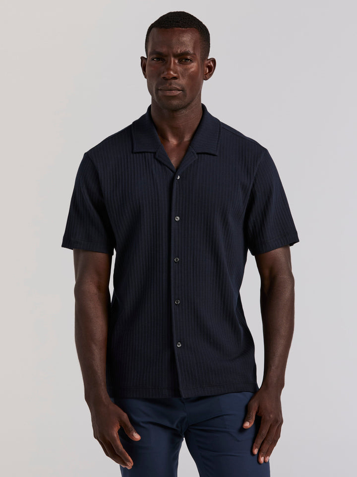 Cotton Vertical Stripe Jacquard Button Front Polo (Dark Sapphire) 