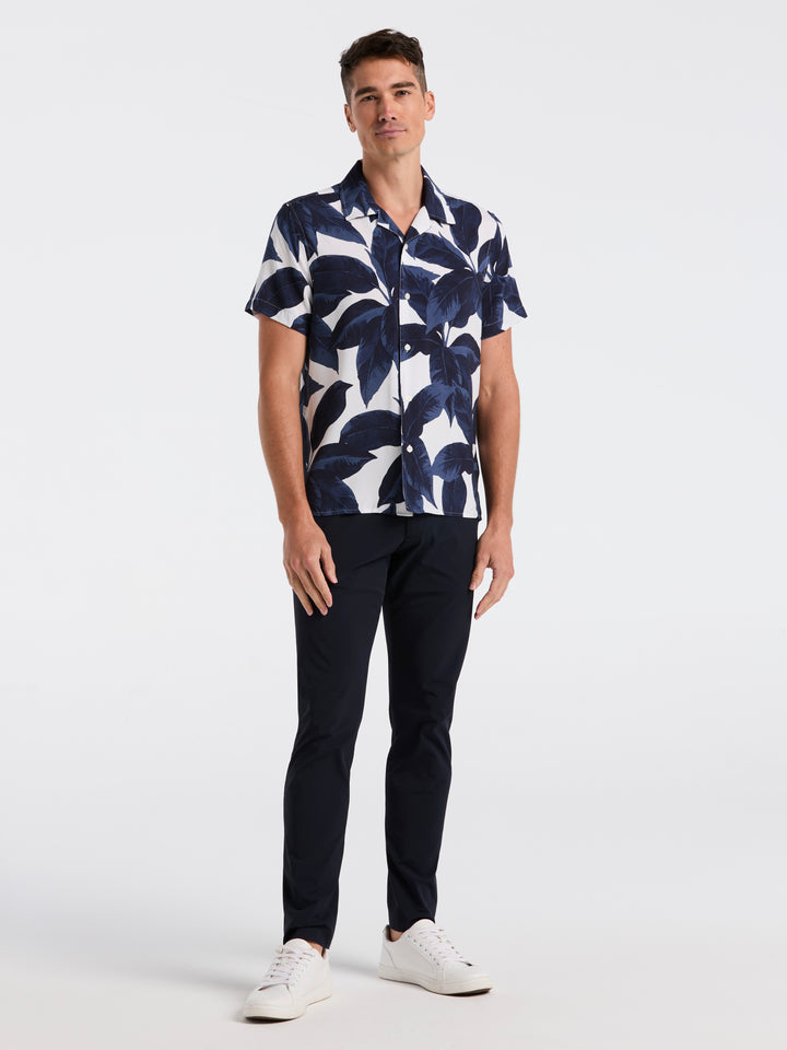 Tropical Plant Print Camp Collar Shirt (Dark Sapphire) 