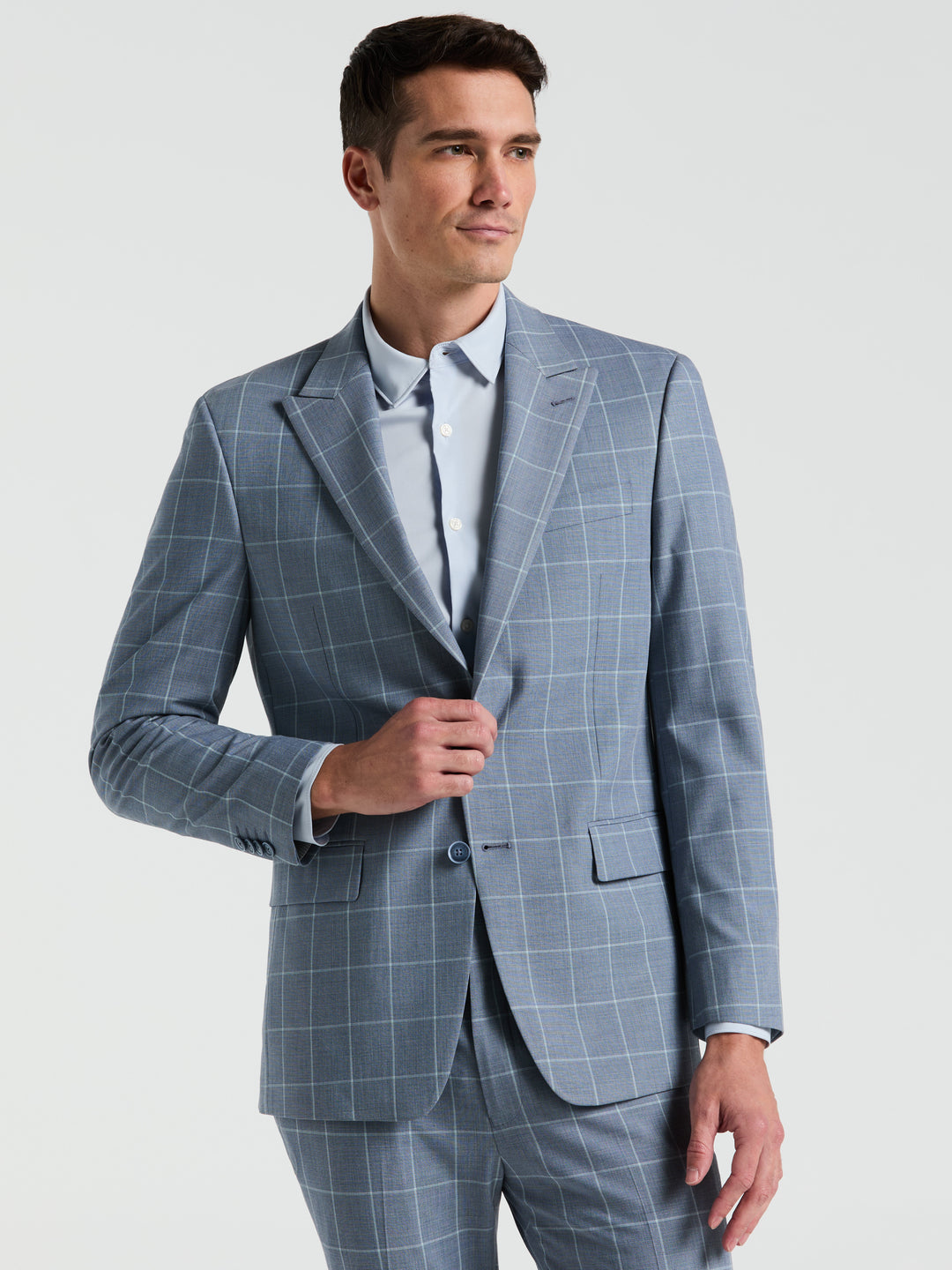 Slim Fit Windowpane Pattern Suit Jacket (Blue) 