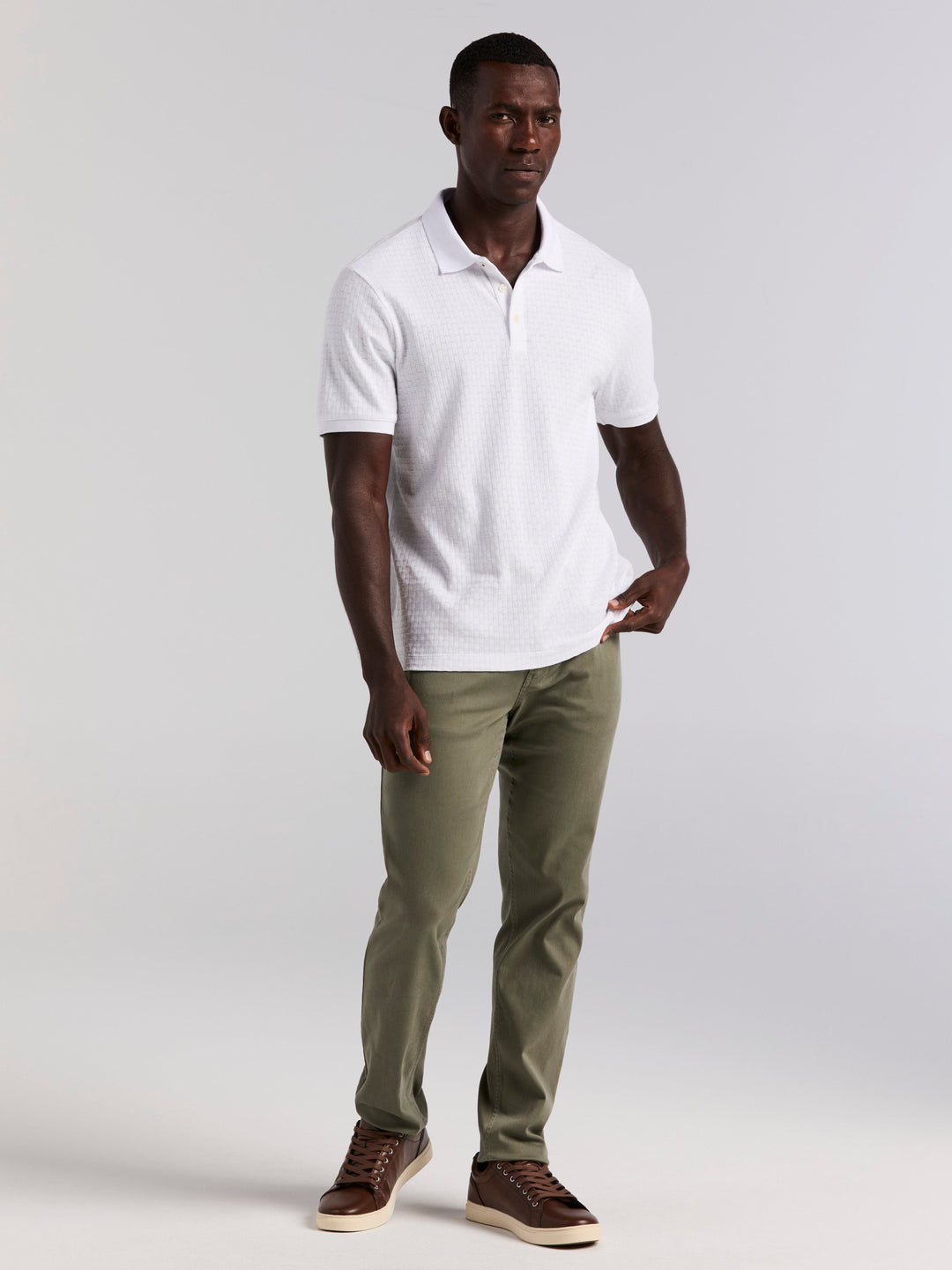 Cotton Jacquard Textured Geometric Polo Shirt (Bright White) 