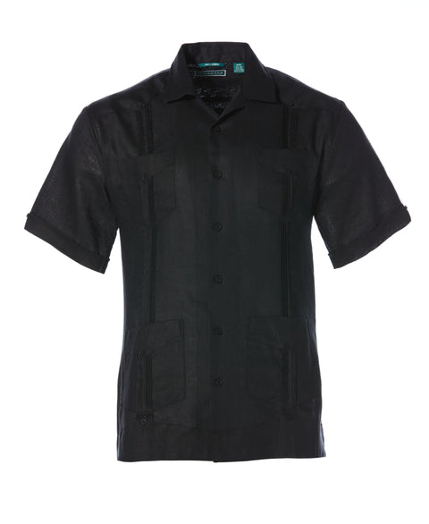 Big and Tall 100% Linen Short Sleeve 4 Pocket Guayabera (Jet Black) 