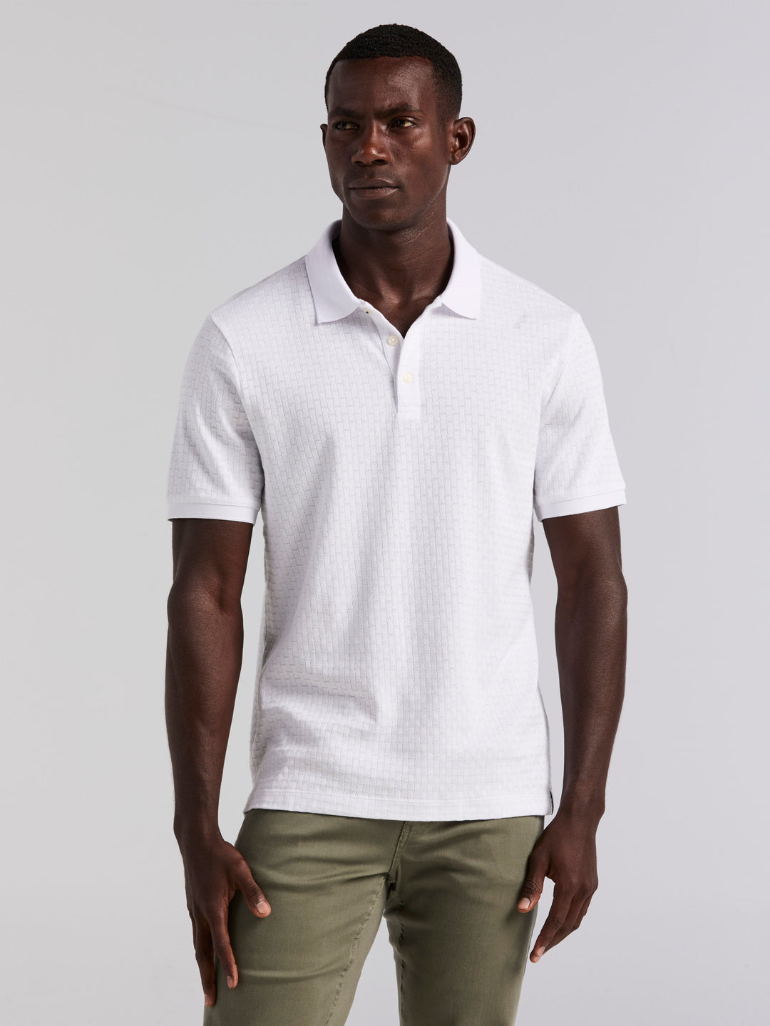 Cotton Jacquard Textured Geometric Polo Shirt (Bright White) 