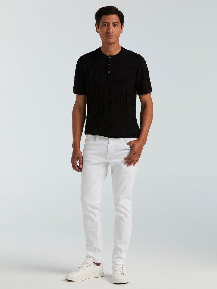 Cotton Textured Stripe Button Crew Neck Sweater (Black) 