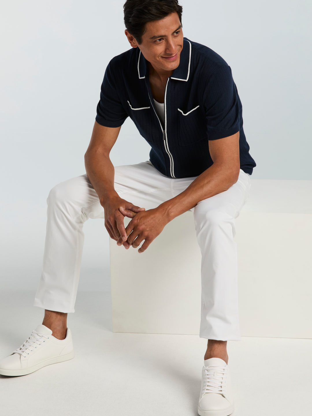 Cotton Short Sleeve Rib Tipped Full Zip Sweater (Dark Sapphire) 