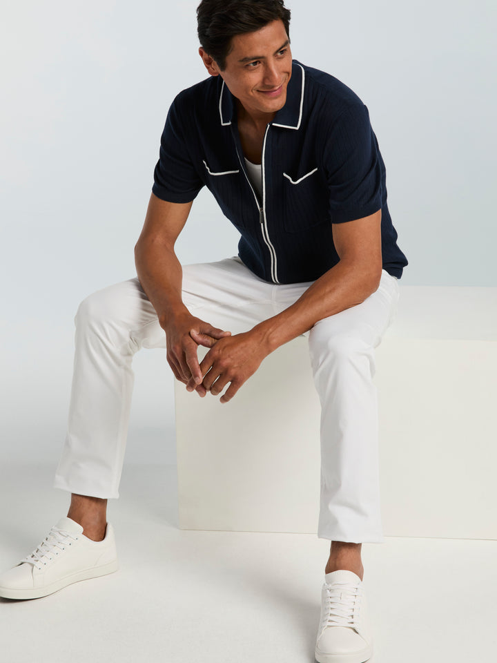 Cotton Short Sleeve Rib Tipped Full Zip Sweater (Dark Sapphire) 