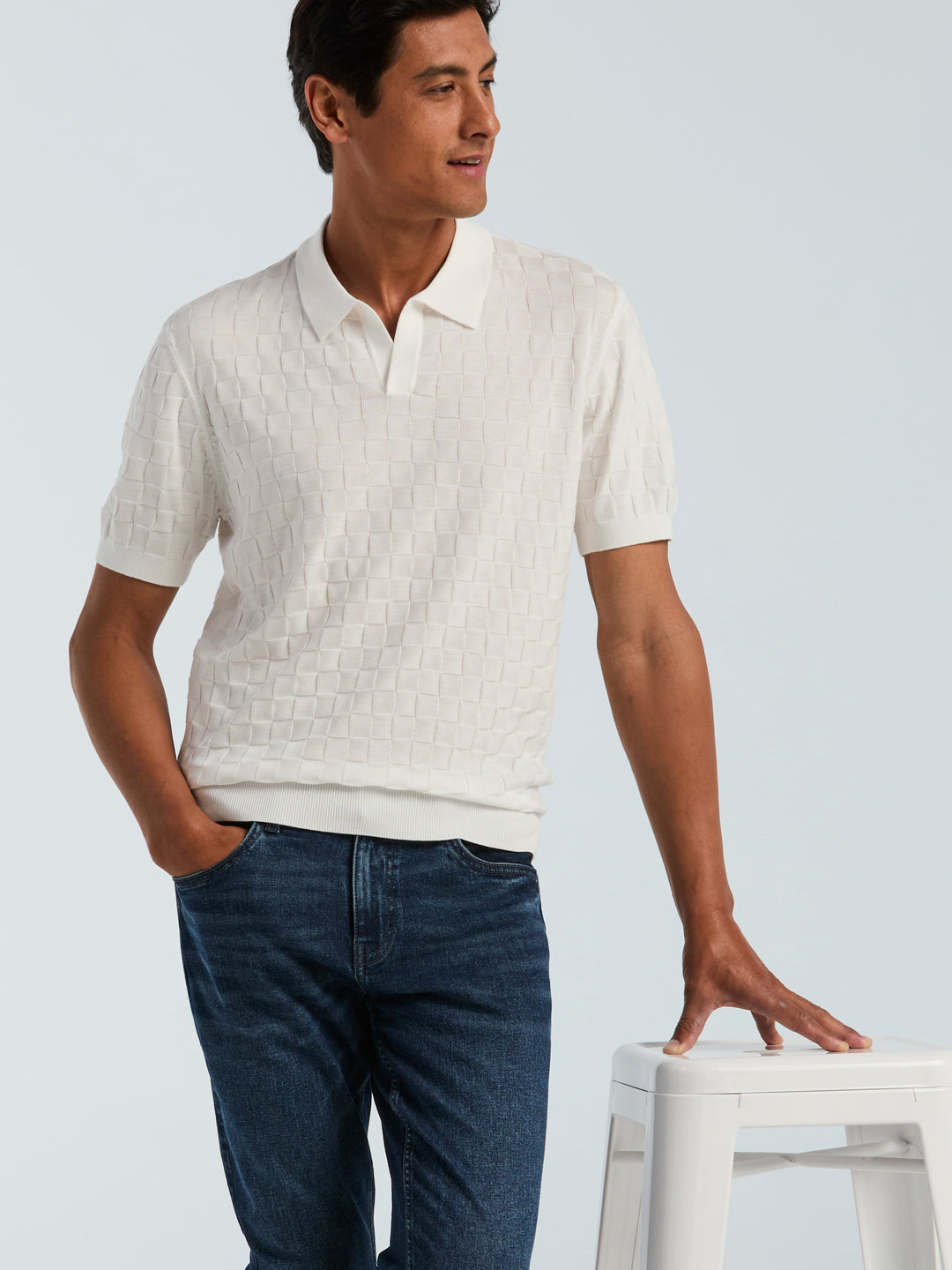 Checker Texture Open Polo Sweater (Bright White) 