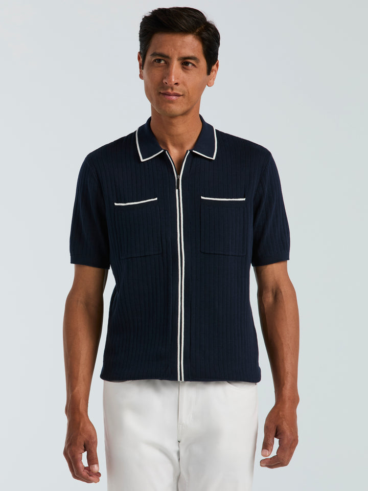Cotton Short Sleeve Rib Tipped Full Zip Sweater (Dark Sapphire) 