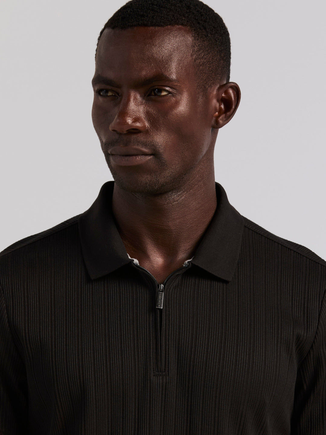Vertical Rib Slim Fit Zip Polo Shirt (Black) 