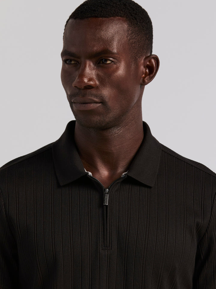 Vertical Rib Slim Fit Zip Polo Shirt (Black) 