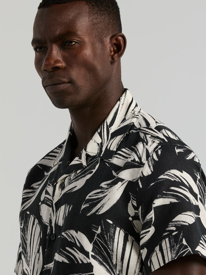 Leaf Print Camp Collar Shirt (Black) 