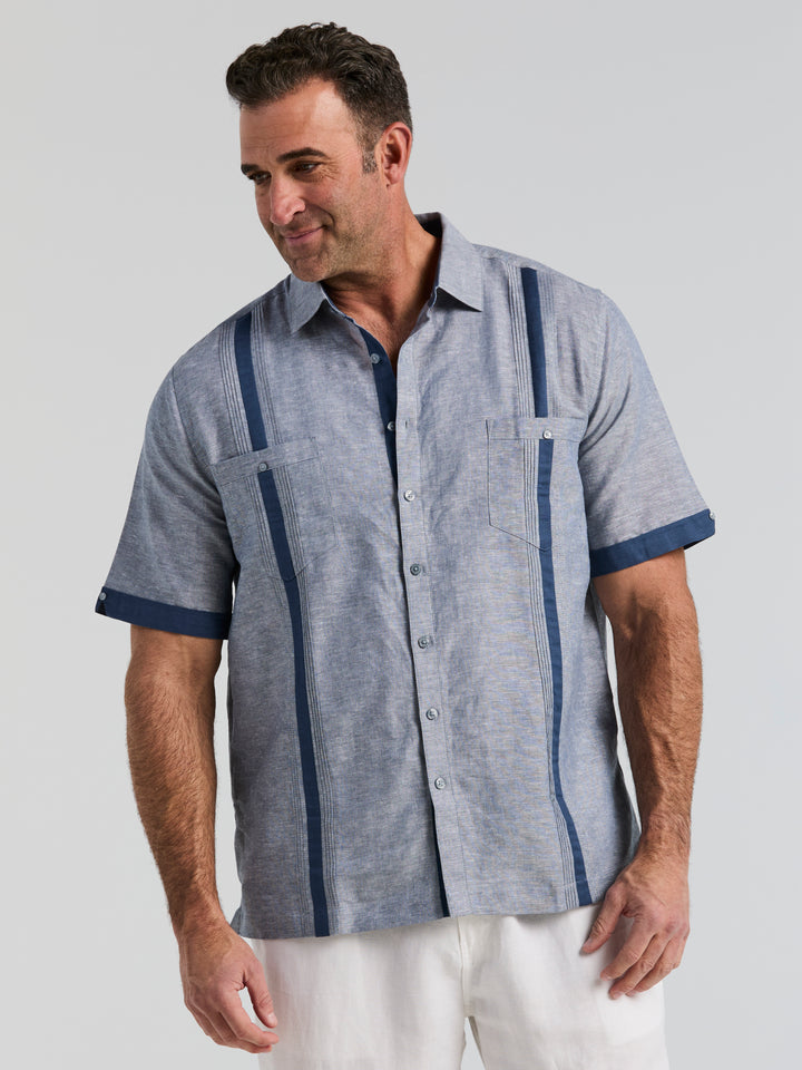 Big & Tall Linen Blend Guayabera Shirt (Ensign Blue) 