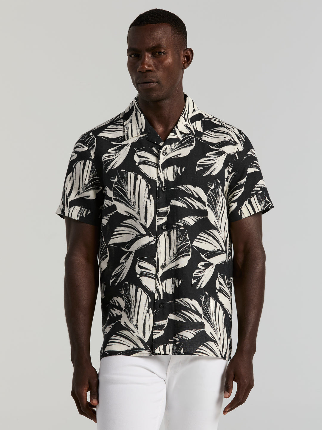 Leaf Print Camp Collar Shirt (Black) 