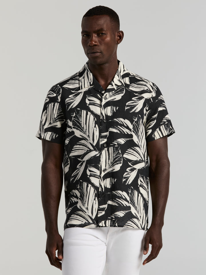 Leaf Print Camp Collar Shirt (Black) 