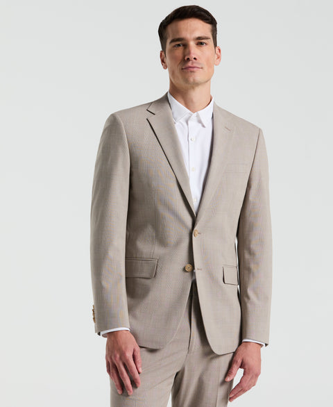 Slim Fit Plaid Print Suit Jacket (Tan) 