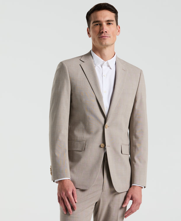 Slim Fit Plaid Print Suit Jacket (Tan) 