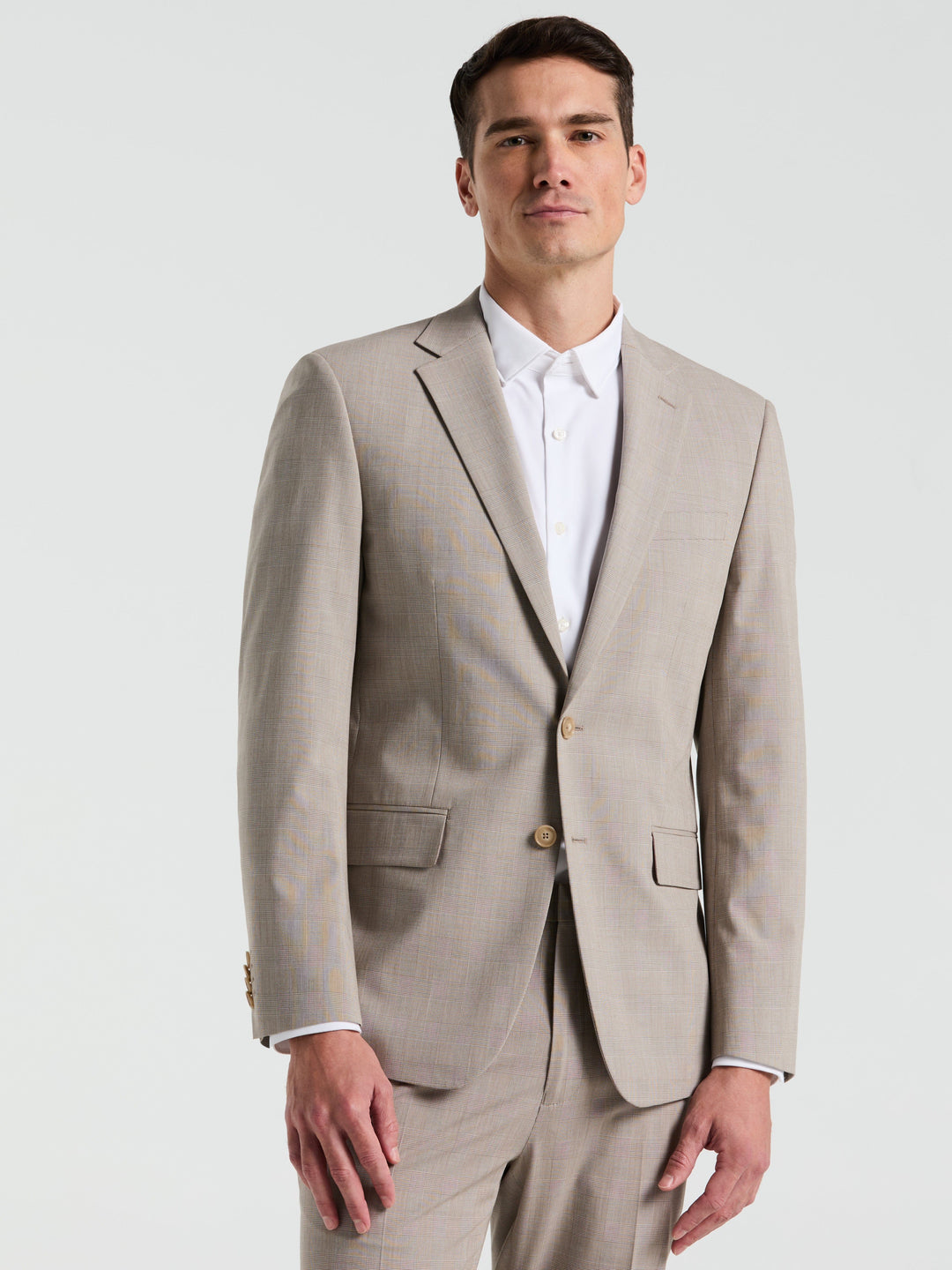 Slim Fit Plaid Print Suit Jacket (Tan) 