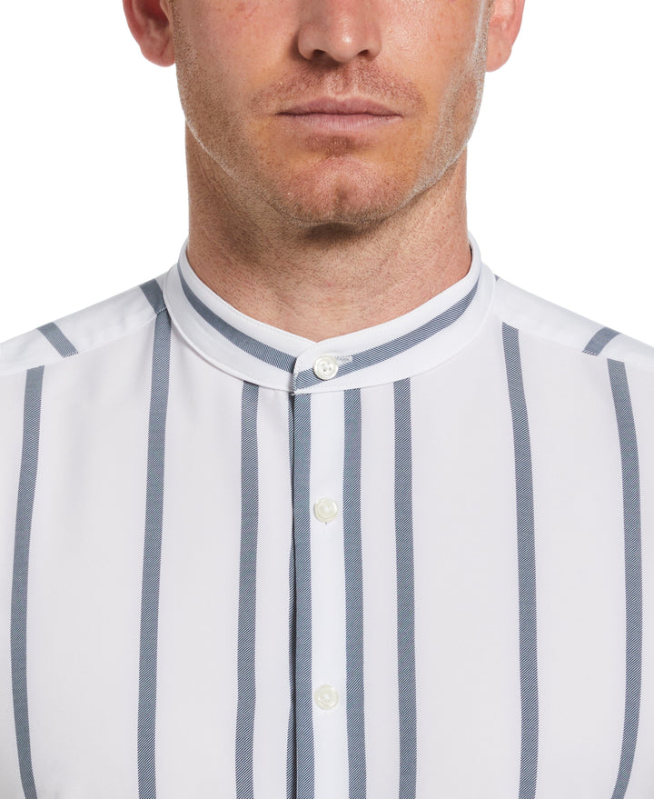 Slim Fit Total Stretch Striped Shirt with Band Collar (Dark Denim) 
