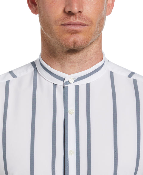 Slim Fit Total Stretch Striped Shirt with Band Collar (Dark Denim) 