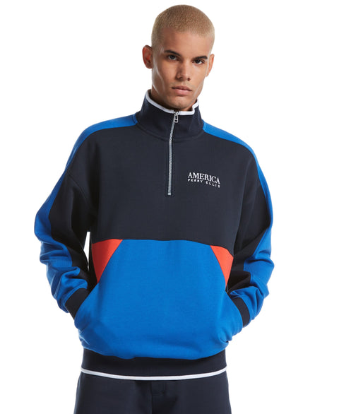 Quarter Zip Colorblock Fleece Sweater Dark Sapphire Perry Ellis