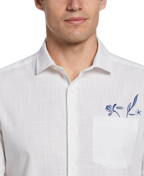 Cotton Slub Embroidered Motif Shirt (Bright White) 