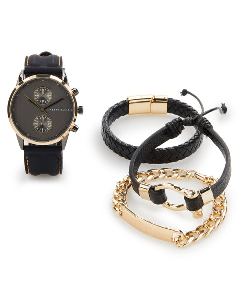 Gold Bezel Watch and Bracelet Gift Set (Blk) 