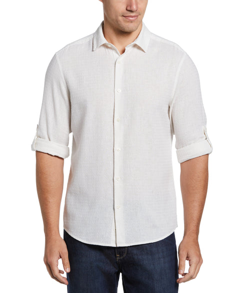 Linen Blend Dobby Roll Sleeve Shirt (Bright White) 