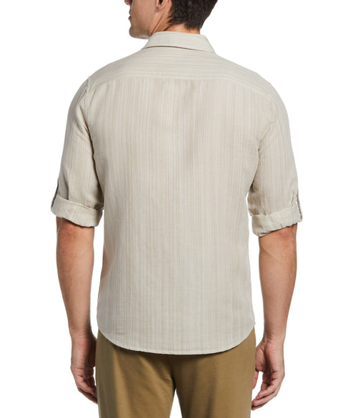 Linen Blend Print Roll Sleeve Shirt (Stone) 