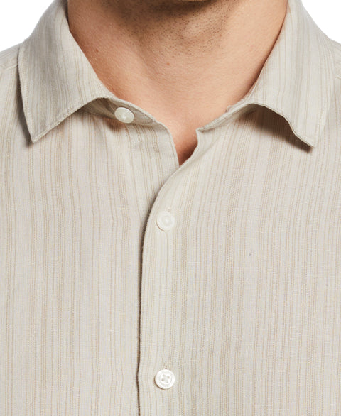 Linen Blend Print Roll Sleeve Shirt (Stone) 