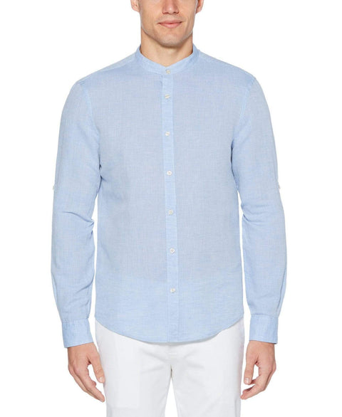 Linen Cotton Rolled Sleeve Banded Collar Shirt Colony Blue Perry Ellis