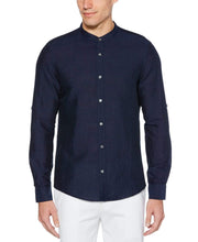 Linen Cotton Rolled Sleeve Banded Collar Shirt Navy Perry Ellis