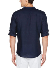Linen Cotton Rolled Sleeve Banded Collar Shirt Navy Perry Ellis