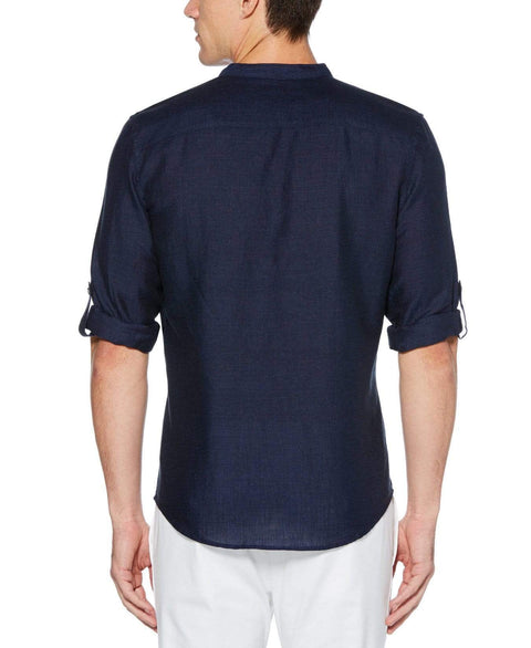 Linen Cotton Rolled Sleeve Banded Collar Shirt Navy Perry Ellis