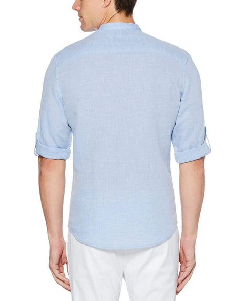 Linen Cotton Rolled Sleeve Banded Collar Shirt Colony Blue Perry Ellis
