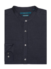 Linen Cotton Rolled Sleeve Banded Collar Shirt Navy Perry Ellis