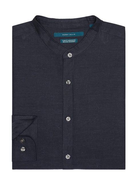 Linen Cotton Rolled Sleeve Banded Collar Shirt Navy Perry Ellis