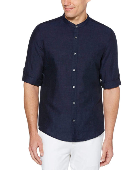 Linen Cotton Rolled Sleeve Banded Collar Shirt Navy Perry Ellis