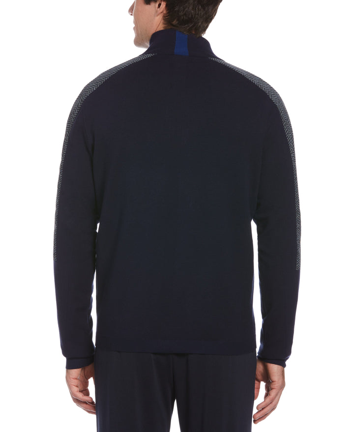 Nylon Pieced Herringbone Print Quarter Zip Sweater Perry Ellis