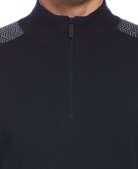 Nylon Pieced Herringbone Print Quarter Zip Sweater