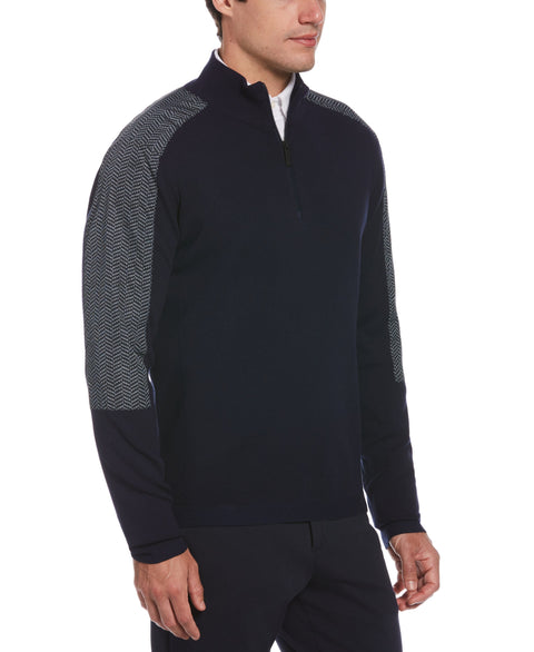 Nylon Pieced Herringbone Print Quarter Zip Sweater
