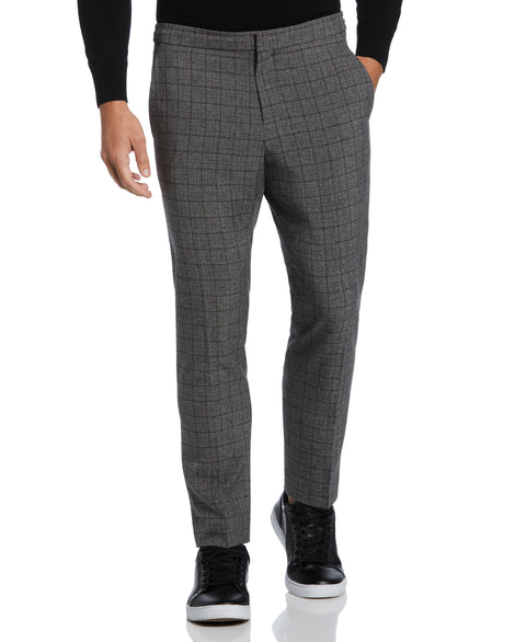 Tapered Crop Linen-Like Plaid Drawstring Pants (Charcoal) 