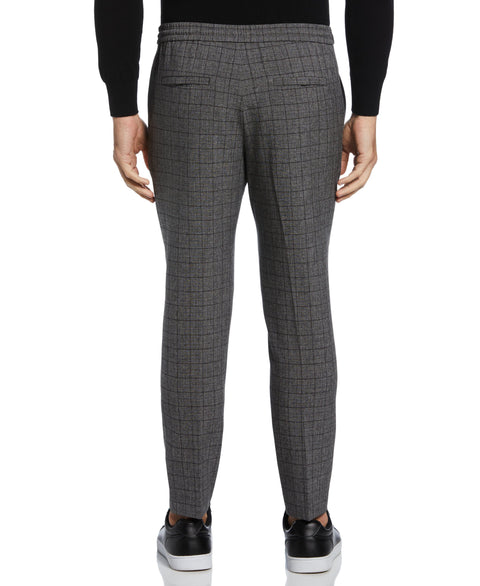 Tapered Crop Linen-Like Plaid Drawstring Pants (Charcoal) 