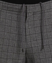 Tapered Crop Linen-Like Plaid Drawstring Pants (Charcoal) 