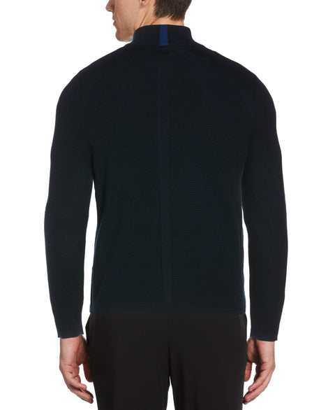Textured Merino Wool Blend Quarter Zip Sweater Dark Sapphire Perry Ellis