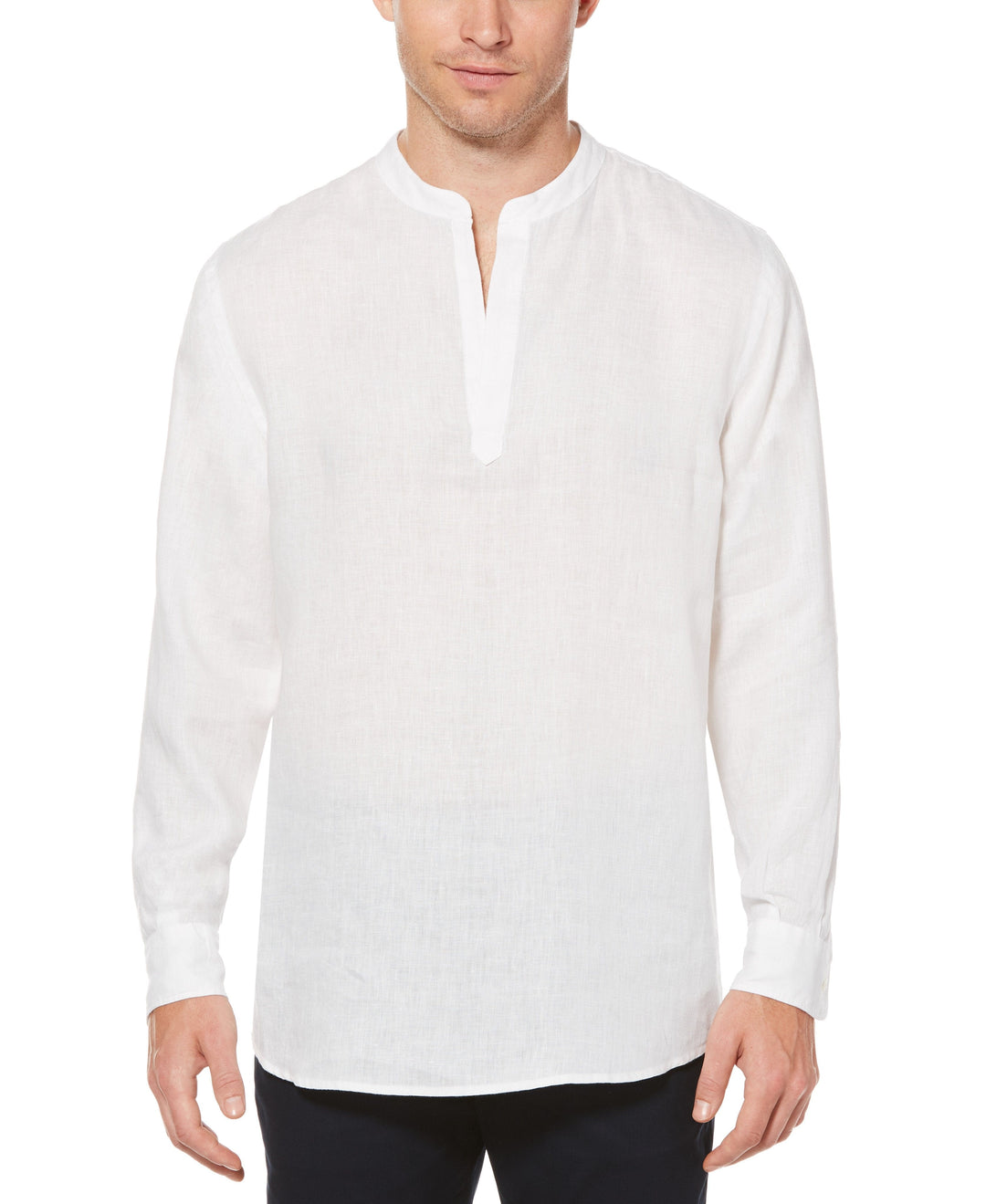 Untucked Linen Solid Popover Shirt Bright White Perry Ellis