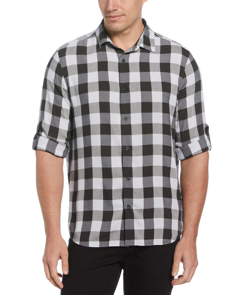Untucked Roll Sleeve Dobby Plaid Shirt (Black) 