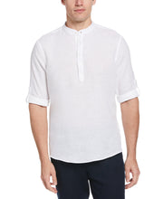 Untucked Roll Sleeve Linen Blend Banded Collar Popover Shirt (Bright White) 
