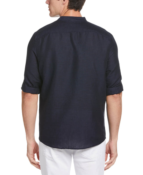 Untucked Roll Sleeve Linen Blend Banded Collar Popover Shirt (Navy) 